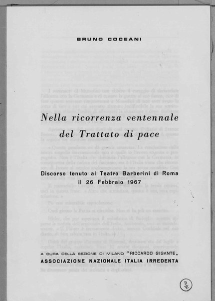 Nella ricorrenza ventennale del Trattato di pace. Discoso tenuto al Teatro Barberini di Roma il 26 febbraio 1967